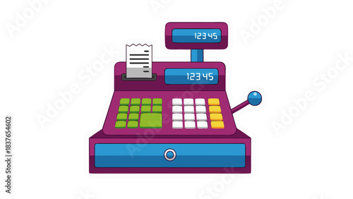 Retro Purple Cash Register with Green Keypad and Receipt Displaying Numbers in a Digital Pixel Art Style on a Black Background