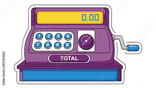 Retro purple cash register with digital display showing 0.00 and manual crank on a blue base isolated on white background