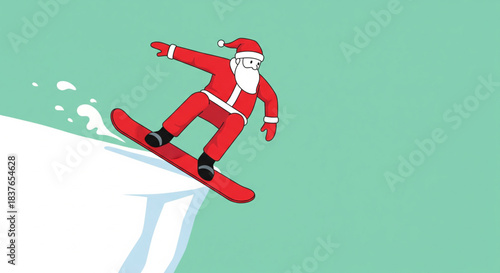 Santa Claus snowboarding down a snowy slope with a festive, winter wonderland theme