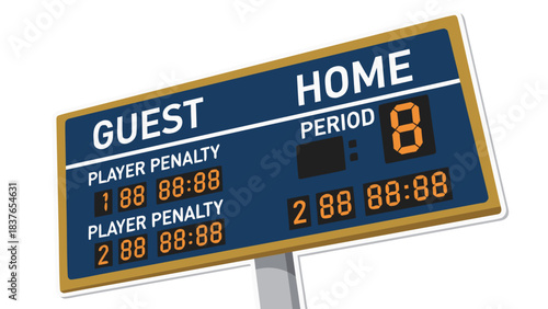 Retro Pixel Art Sports Scoreboard Displaying Guest and Home Team Scores Player Penalties and Game Period with Orange Digital Numbers on a Dark Blue Background with a White Border and Golden Frame