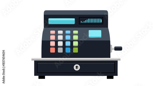 Retro Style Digital Cash Register With Numerical Keypad And Display Screen On A Black Background