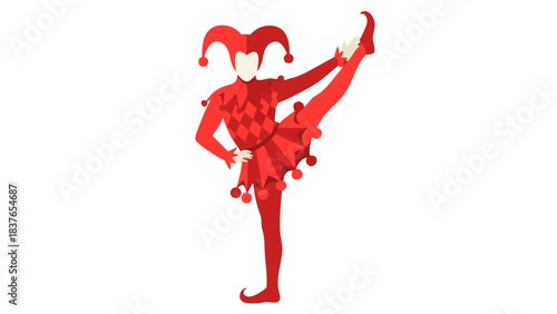 Red Jester Performing a Dance Pose on a Black Background with a Jester Hat and Tasseled Costume.