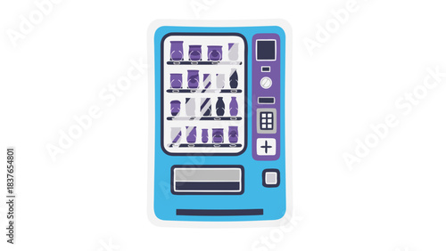 Retro Blue Vending Machine Dispensing Purple Packaged Snacks and Beverages With Detailed Buttons and Coin Slot In A Stylized Minimalist Design Against A Solid Black Background