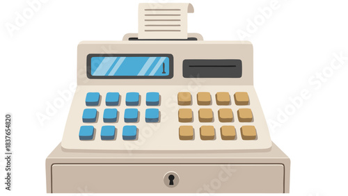 Retro Cash Register With Paper Receipt and Digital Display A Vintage Calculator Device With Many Buttons and a Drawer For Money And A Keyhole In A Flat Design Style Isolated On A White Background