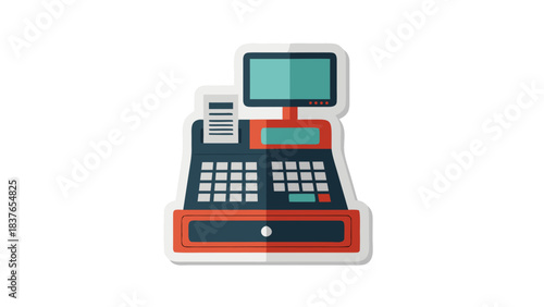 Retro Cash Register With Digital Monitor And Receipt Paper In Flat Design Style Isolated On Black Background With White Border Accent