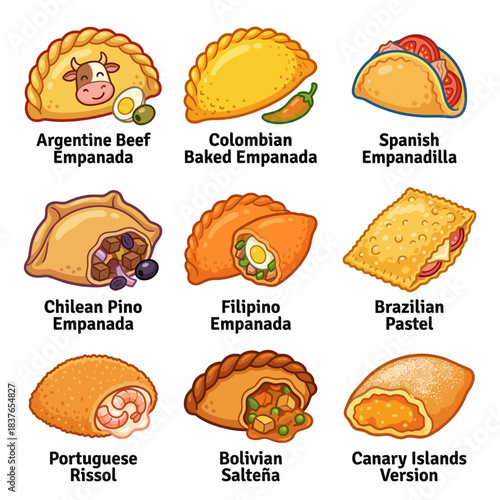 A colorful illustration vector showcasing nine distinct types of empanadas and savory pastries from various international cuisines, including South American, European, and Asian variations.