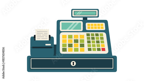 Retro Cash Register With Receipt Printer And Drawer On Black Background Minimalist Flat Design