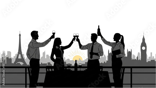 Black silhouette line art of a business team celebrating at a rooftop restaurant during travel