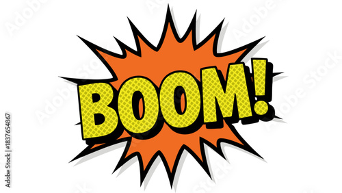 Retro Comic Book Style BOOM Explosion with Yellow Text and Orange Burst on Black Background