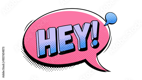 Retro Comic Style Speech Bubble With Hey Text In Blue And Pink Colors On Black Background
