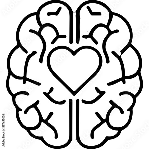Stylized Brain Silhouette With A Black Heart In The Center On A White Background
