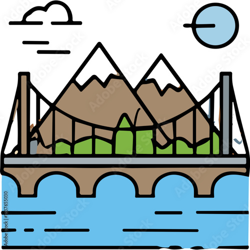 Stylized bridge with arched spans over blue water beneath rolling green hills and brown mountains under a light blue moonlit sky creating a serene landscape vista