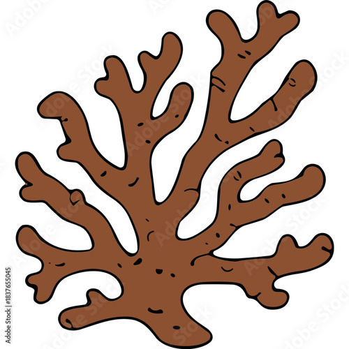 Stylized brown coral branch illustration on a black background abstract marine life organic shape detailed branches intricate pattern