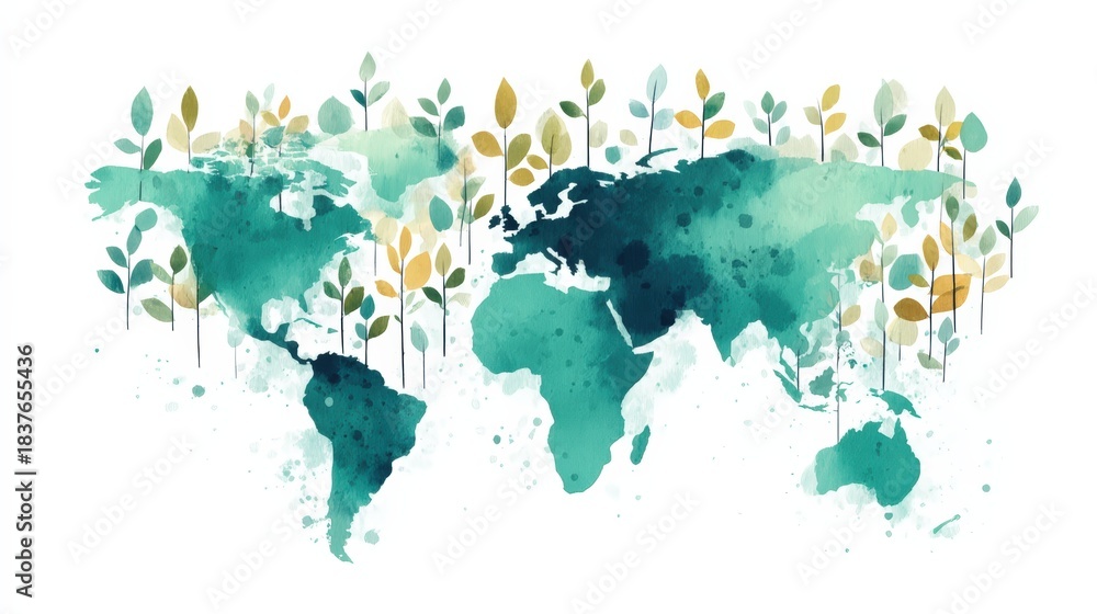 Fototapeta premium A colorful watercolor map of the world adorned with leaves, symbolizing nature's connection to geography and global awareness.