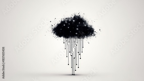 A stylized black cloud with dripping lines and stars, representing the fusion of technology and nature in a digital art style.