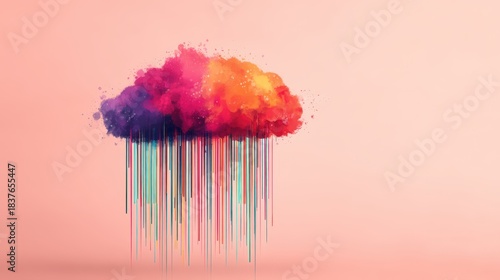 A vibrant, artistic cloud with colorful raindrops against a soft pink background, blending creativity and emotion in a whimsical design.