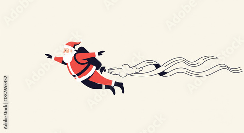 Santa Claus flying with a jetpack leaving a trail of smoke against a neutral background, symbolizing Christmas and speed