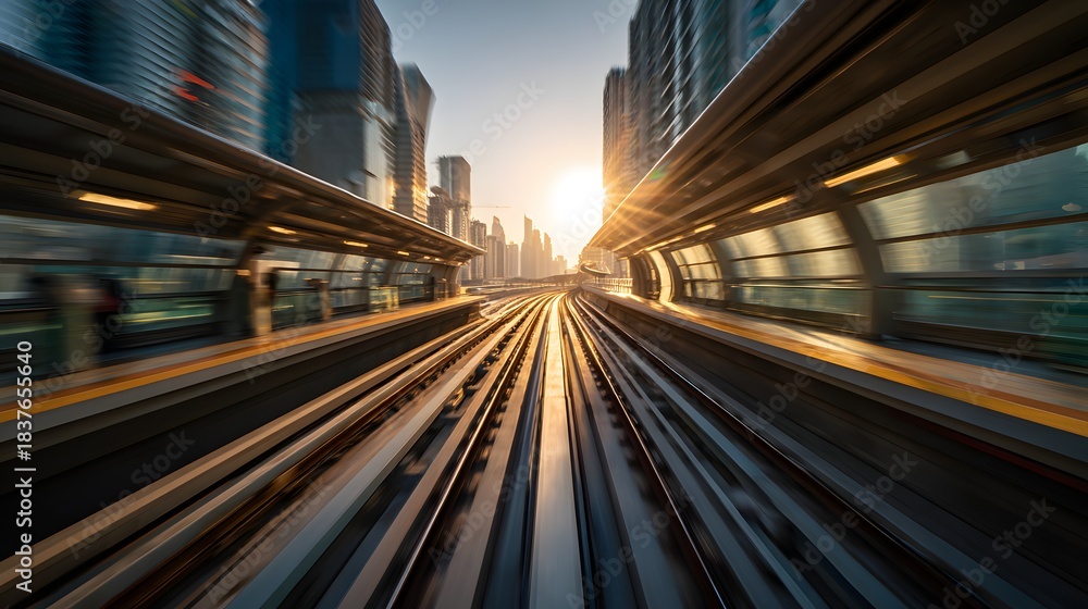 Obraz premium Futuristic Rapid Transit Railway in Modern City Skyline with Motion Blur and Sunset Light