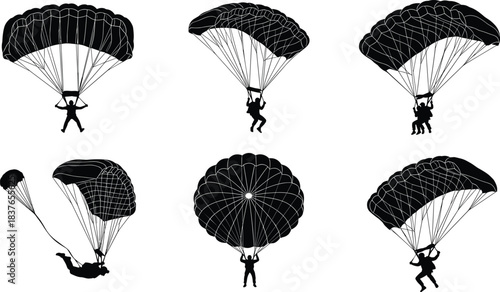 Vector Collection of Parachute Silhouettes Set of Six Skydiving Figures with Open Canopies Representing Adventure, Extreme Sports, and Air Jump Activity.