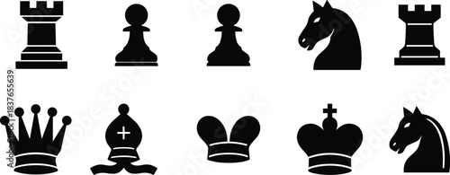 Vector Set of Black Chess Piece Silhouettes King, Queen, Rook, Knight, Bishop, and Pawn Icons for Strategy Games, Tactics, and Modern Design.