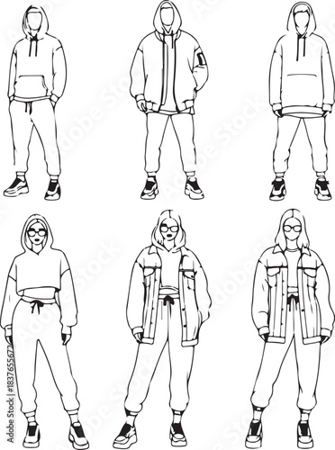 Streetwear fashion outlines: diverse models in hoodies, jackets, and sweatpants for contemporary apparel design