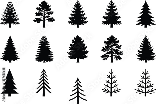 Vector Set of Black Pine Tree Silhouettes Various Conifer, Spruce, Fir, and Christmas Tree Shapes Ideal for Forest, Holiday, and Nature Graphic Design Elements.