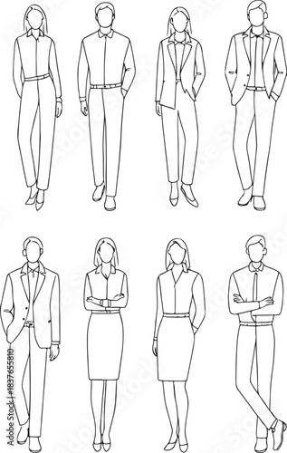 Diverse business professionals in minimalist line art style, showcasing various corporate attire and standing poses for office.