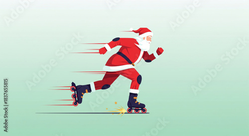 Santa Claus on Roller Skates Speeding Forward with Motion Blur Effect, a Festive Holiday Illustration