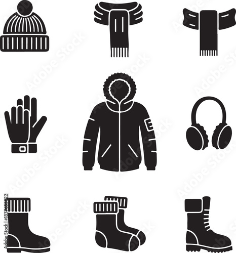 Winter clothing and accessories glyph icons set for cold weather seasonal apparel and outdoor garments collection.