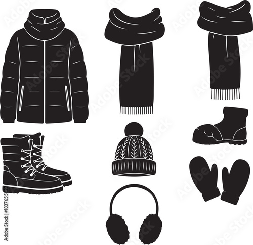 Iconic winter apparel collection featuring jacket, scarves, boots, beanie, earmuffs, and mittens for extreme cold