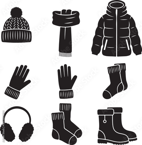 Winter clothing accessories icon set. beanie, scarf, jacket, gloves, socks, boots, earmuffs vector collection.