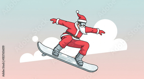 Santa Claus enjoying snowboarding adventure during winter holidays