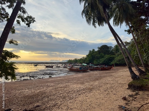 Palm Trees on Beach at Sunrise in Thailand – Tropical Coastline, Golden Hour Ocean, Southeast Asia Island Landscape