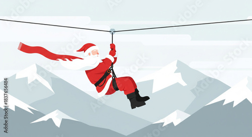 Jolly Santa Claus enjoys an exhilarating zip-line ride high above snow-capped mountain peaks on a vibrant winter day, showcasing a playful and adventurous side of Christmas against a majestic backdrop
