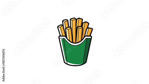 Cartoon illustration of crispy golden french fries in a green container.