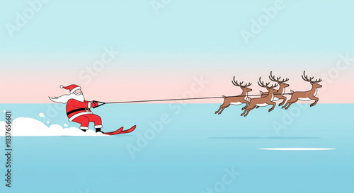 Santa Claus Skiing Pulled by Reindeer on a Snowy Landscape