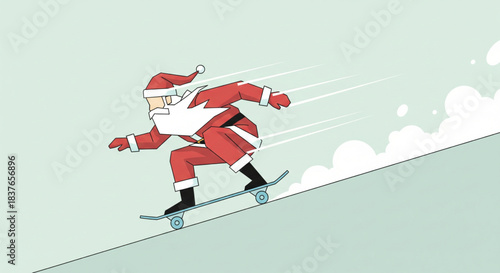 Santa Claus skating downhill on a skateboard during winter holidays, cartoon illustration