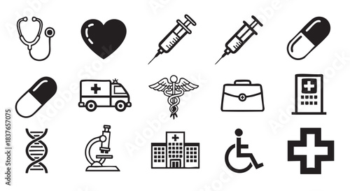 Medical icons health care medicine signs symbols black and white vector