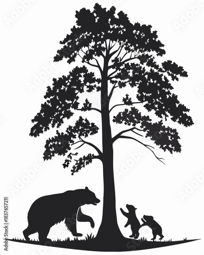 “Bear Family Silhouette with Cubs Climbing Tree in Forest Scene”