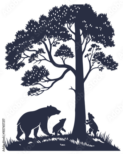 “Bear Family Silhouette with Cubs Climbing Tree in Forest Scene”