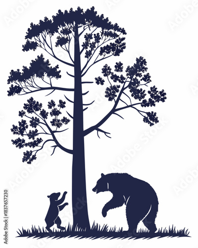 “Bear Family Silhouette with Cubs Climbing Tree in Forest Scene”