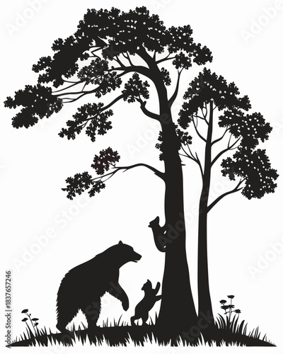 “Bear Family Silhouette with Cubs Climbing Tree in Forest Scene”