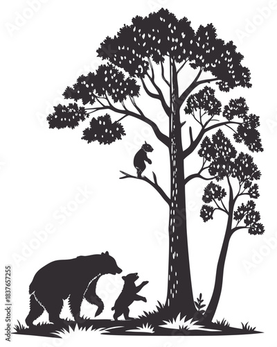“Bear Family Silhouette with Cubs Climbing Tree in Forest Scene”