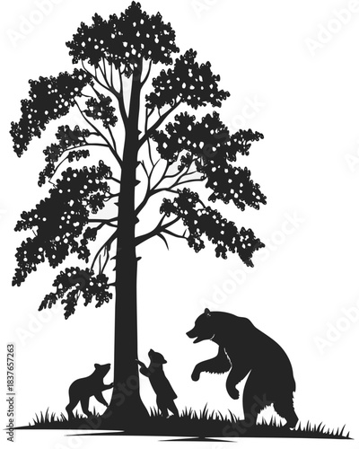 “Bear Family Silhouette with Cubs Climbing Tree in Forest Scene”