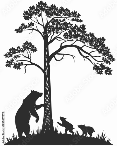 “Bear Family Silhouette with Cubs Climbing Tree in Forest Scene”