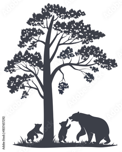 “Bear Family Silhouette with Cubs Climbing Tree in Forest Scene”