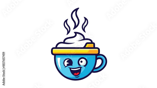 Cute cartoon coffee cup with whipped cream and happy face.