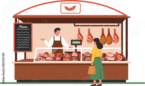 Butcher shop icon set, meat market stall with vendor customer interaction and product display, cad drawing flat vector illustration