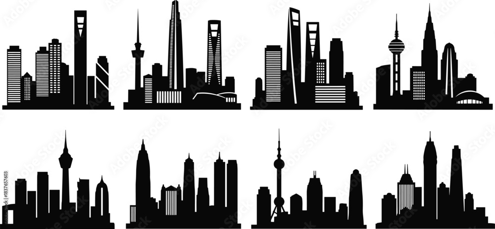 Naklejka premium City skyline silhouette icon set, urban architecture and landmark building collection, cad drawing flat vector illustration