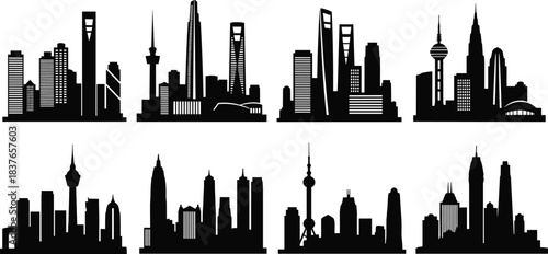 City skyline silhouette icon set, urban architecture and landmark building collection, cad drawing flat vector illustration
